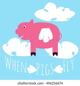 When pigs fly idiom representation. Vector illustration of hog with wings in the sky