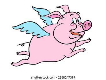 When Pigs Fly. Vector image of a cheerful pink pig with blue wings isolated on white. Pink cartoon pig. Pigs Do Fly.