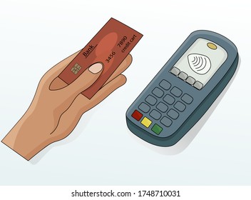 Al poner en cuarentena una epidemia de coronvirus, pague sus compras con una tarjeta de crédito. Terminal de pago sin efectivo y con tarjeta bancaria. Cartel del vector - pago con tarjeta