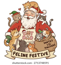 When Santa becomes the ultimate Cat Dad! Witness the adorable chaos as mischievous kittens take over Santa Claus – climbing, playing, and sleeping all over him. This design will melt the hearts of cat