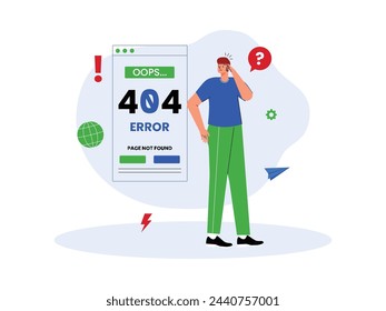 When searching with a lost internet connection, vector illustration 404 pages were not found.