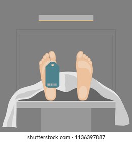 When surgery goes wrong. A patient lying on a table in a mortuary or morgue, mortuary theme. Vector illustration of a dead person.