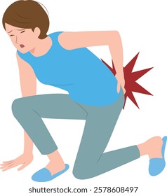 When trying to stand up, she feels intense pain. Illustration of a senior woman holding her lower back due to a sudden back pain