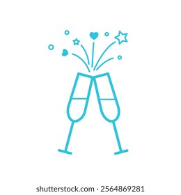 When Two Glasses Collide. Cheers to New Adventures. Isolated on white. Blue icon set.