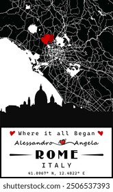 Where it all began, where we met, Travel poster, urban street plan city map Rome, Rome map wall art