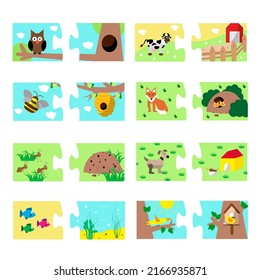 Where animals live. puzzle for preschoolers. Connect two halves. Fox and burrow, birds and birdhouses, fish and sea. cow and barn. Children's logic game