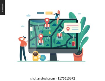 where to buy - modern flat vector concept illustration of map, marked shops, computer screen Selling interaction and purchasing process Creative landing page design template