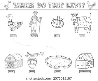 Where do they live black and white matching game for kids with cute farm characters and their home. Farm activity page for school and preschool in outline. Vector illustration