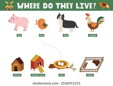 Where do they live matching game for kids with cute farm characters and their home. Farm activity page for school and preschool. Vector illustration