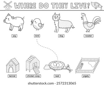 Where do they live matching game for kids with cute farm characters and their home. Farm activity page in outline for school and preschool. Vector illustration