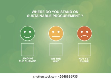 Where do you stand on sustainable procurement infographic template. Green survey design with three emoji feedback options ideal for business presentation or marketing. Vector illustration