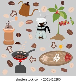 Where fresh coffee come from and how to changing raw fruit to coffee by home made. How to make food concept