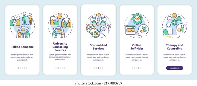 Where to get help onboarding mobile app screen. Counseling service walkthrough 5 steps editable graphic instructions with linear concepts. UI, UX, GUI template. Myriad Pro-Bold, Regular fonts used