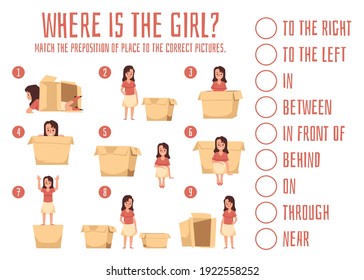 Where is girl - banner with text for learning prepositions of place. Educational game for preschool, children who study english vocabulary how foreign language. Vector illustration