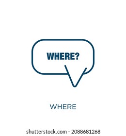 en el diálogo principal. Delgado lineal donde el icono de contorno se aísla en el fondo blanco. Vector de línea donde signo, símbolo para web y móvil