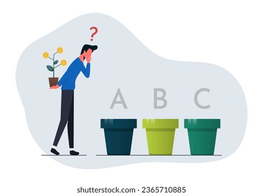 Where to invest idea concept, businessman confused to invest right investment of his money