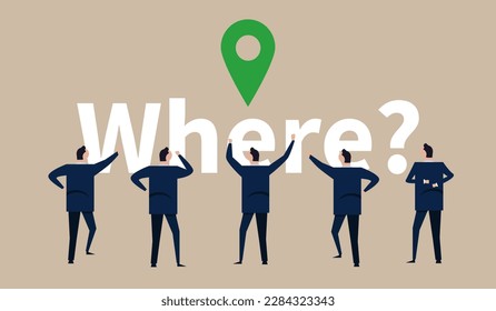 Where location business place pointer team of businessman discuss map location