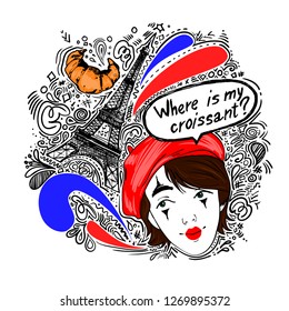 Where is my croissant. The head of the mime in the red beret and the Eiffel Tower. Vector doodle illustration.