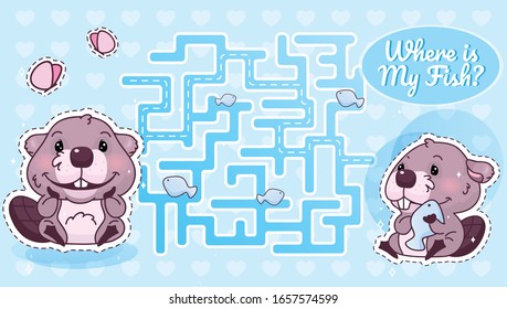 Where is my fish labyrinth with cartoon character template. Smiling beaver find path maze with solution for educational kids game. Rodent eating seafood printable flat vector layout