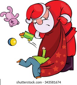 Where is my present?! Kid looking a gift in Santa's sack