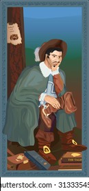 Where is my cat? Musketeer and Boots. Vector illustration.