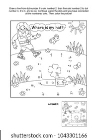 Where is my hat? St. Patrick's Day themed connect the dots picture puzzle and coloring page with leprechaun and his hat. Answer included.