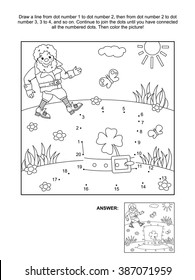 Where is my hat? St. Patrick's Day themed connect the dots picture puzzle and coloring page with leprechaun and his hat. Answer included.
