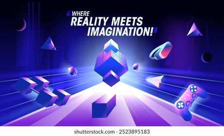 Donde la realidad se encuentra con la imaginación Fondo metaverso con VR Box, Elementos de juegos, rayos futuristas y Formas 3D - Ilustración vectorial