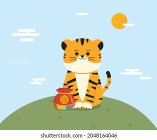 where a tiger sits on a hill in the new year illustration set. New Year's Day, Tiger, New Year's Greetings, Blessings, End of Year, Greetings Card, Sunrise. Vector drawing. Hand-drawn style.