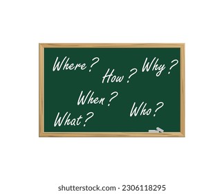 Where, When, What, Who, Why, How? written on blackboard. Faq concept. Finding an answer to question. Queries handwriting on chalkboard. Help in solving problems. Vector illustration