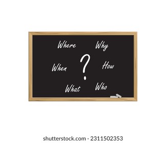 Where, When, What, Who, Why, How? written on blackboard. Faq concept. Finding an answer to question. Queries handwriting on chalkboard. Help in solving problems. Vector illustration