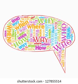 where who why how when info text question word cloud concept. Word cloud, tag cloud text business concept. Word collage. Vector illustration.