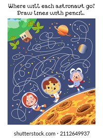 Wohin wird jeder Astronaut gehen? Ziehe Linien mit Bleistift. Maze-Spiel, Aktivität für Kinder. Vektorgrafik.