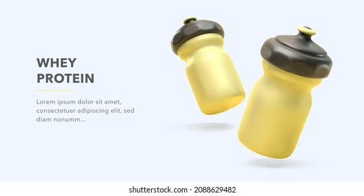 Whey protein banner template with 3d realistic yellow plastic bottles. Vector illustration