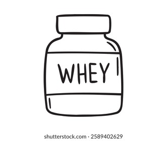 whey protein bottle doodle hand drawn icon set. Outline drawing protein packaging line clipart symbol collection. Vector illustration