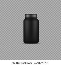 Whey protein container. Black cylindrical tub with cap and label for sport powder. Isolated 3d vector mockup of nutrition bottle, dietary supplement or cosmetic jar for product packaging design.

