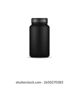 Whey protein container. Black cylindrical tub with cap and label for sport powder. Isolated 3d vector mockup of nutrition bottle, dietary supplement or cosmetic jar for product packaging design.

