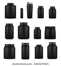 Whey protein container. Black cylindrical tub with cap and label for sport powder. Isolated 3d vector mockup of nutrition bottle, dietary supplement or cosmetic jar for product packaging design.

