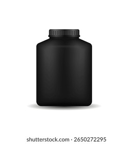 Whey protein container. Black cylindrical tub with cap and label for sport powder. Isolated 3d vector mockup of nutrition bottle, dietary supplement or cosmetic jar for product packaging design.

