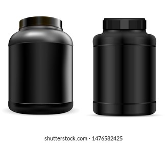 Whey Protein Container. Black Protein Jar. Vector Supplement Can. 3d Plastic Tub for Powder during Workout. Muscle Bcaa Gainer. Sport Nutrition Product Packaging. Bodybuilding Nutrient Canister