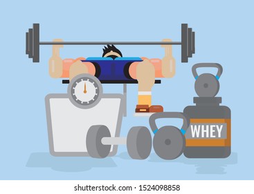 Whey protein with dumbbells and weight machine at fitness workout.Vector illustration