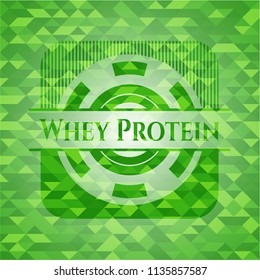 Whey Protein green emblem with triangle mosaic background