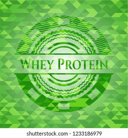 Whey Protein green emblem with triangle mosaic background