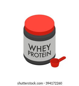 Whey protein isolate in big jar and scoop, sport nutrition for bodybuilders isolated on white background, vector illustration.