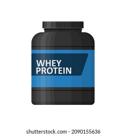 Whey Protein Isolated On White Background. Sports Nutrition Icon Container Package, Fitness Protein Power. Bodybuilding Sport Food. Jar Or Bottle With Supplements For Muscle Growth. Vector