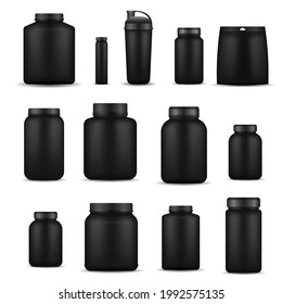 Whey protein and mass gain black plastic jar, bottle. Fitness nutrition canister design template for gym and workout. Glossy plastic packaging mockup 3d design. Vector illustration, eps 10.