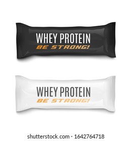 Molke Protein-Nährstoffriegel in schwarz-weißer Kunststoffverpackung, realistische Vektorillustration-Abbildung einzeln auf weißem Hintergrund. Ersatzteile für Bodybuilding-Lebensmittel.