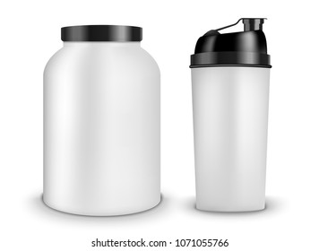 Whey protein plastic container bodybuilding nutrition isolated on white. Fitness training sport food. Shaker bottle. Supplement for gym.