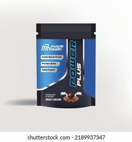 Whey Protein Pouch Packaging Design, Pouch Mockup, Paper zip package, Stand-up foil or paper pouch,  Chocolate Whey Protein Pouch, Isolate Muscle Protein, Dietary Supplement, Muscle Growth Recovery