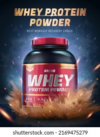 Whey protein powder ad poster. 3D Illustration of a whey protein jar with powder explosion effect. Bodybuilding food supplements product promo